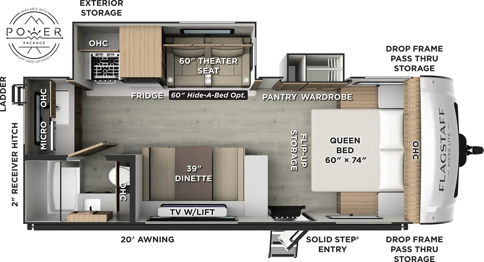 The Flagstaff Micro Lite 25FBD floorplan has one entry and two slide outs. Exterior features include: fiberglass exterior and 20' awning. Interiors features include: front bedroom.